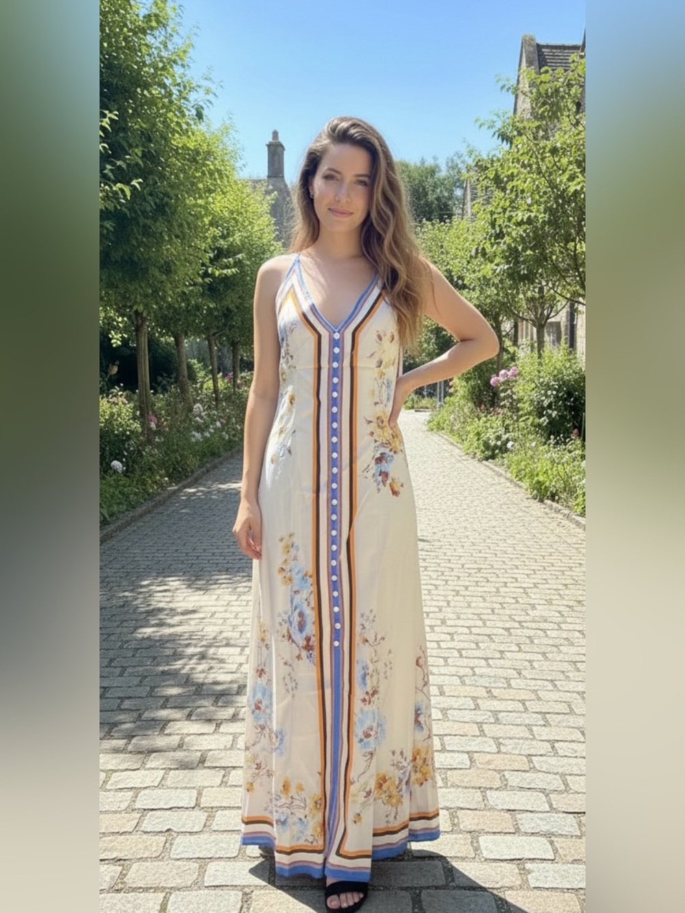 Endless moon Cream Floral Maxi Dress with Blue and Tan Stripes